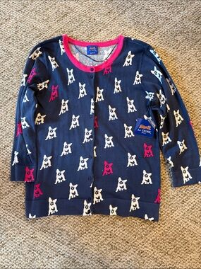 Le Tigre Navy Cardigan with Pink & White Frenchie Motif